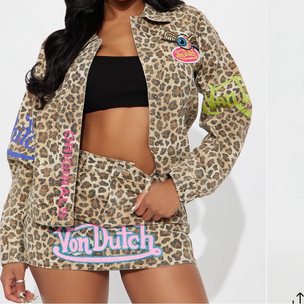 Von Dutch Women's Leopard Print Jean Jacket size small and Jean skirt x-small